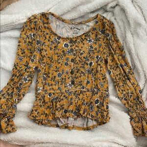 art class Mustard Floral Ruffle Hem Blouse